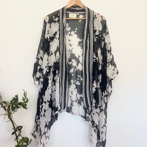 Anthropologie Elevenses 100% Silk Floral Blue Cream Kimono Open Cardigan Boxy